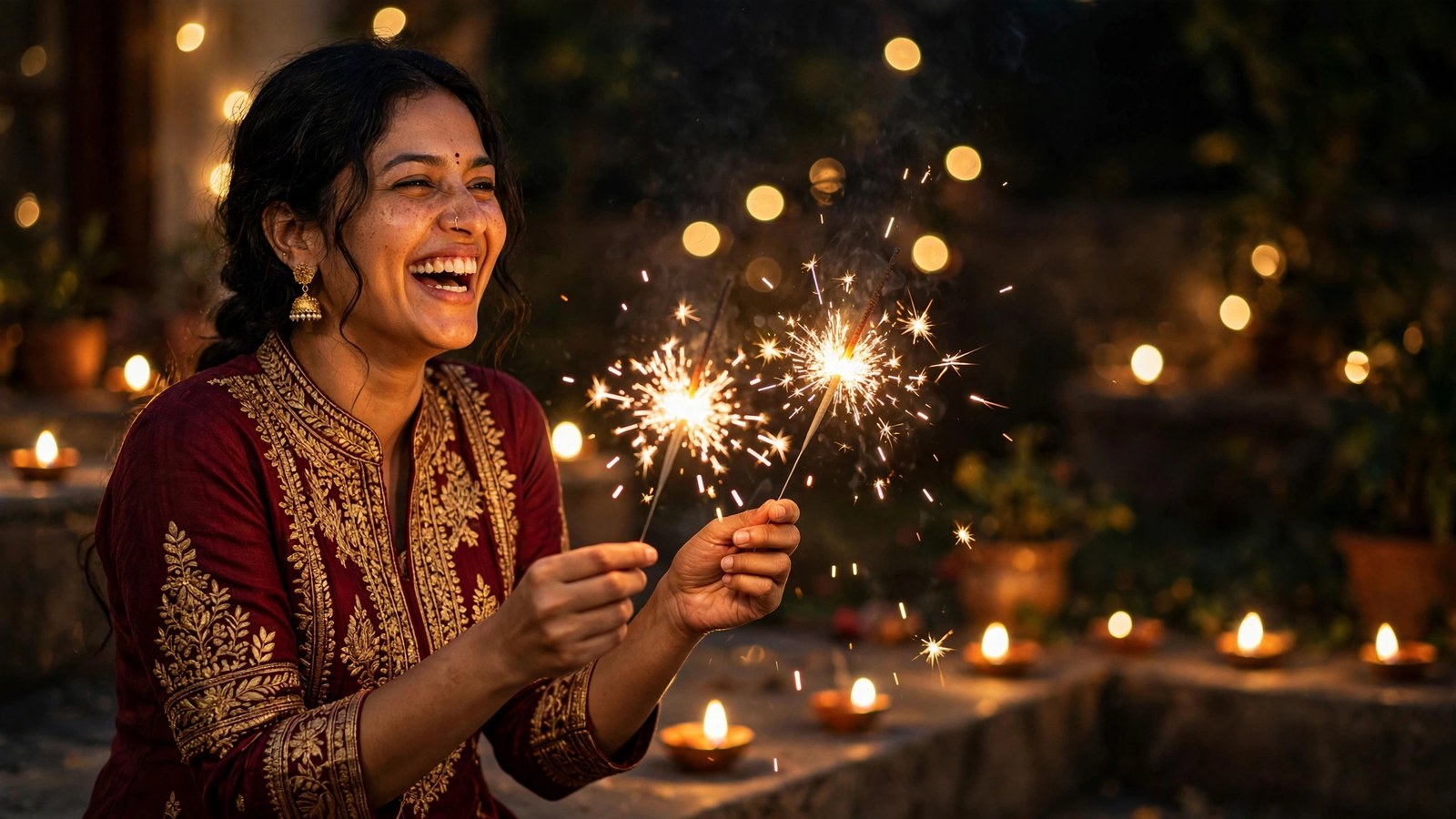 Woman celebrating Diwali in festive Odhini wear